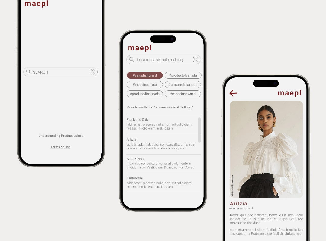 Previews of the landing, search results and brand page on the maepl app